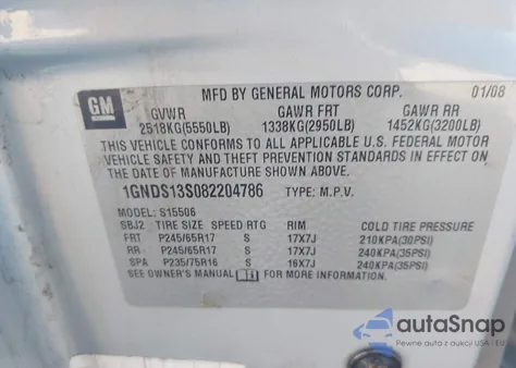 2008 Chevrolet Trailblazer Fleet from USA, damaged, VIN 1GNDS13S082204786